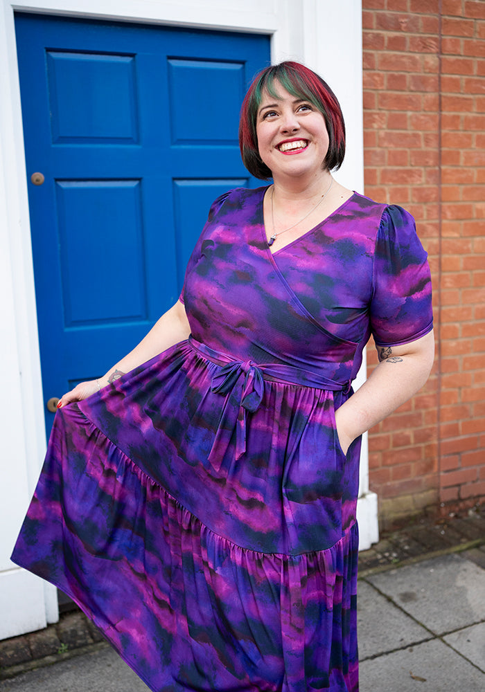 Ninth angle of Portia Purple Ombre Print Midi Dress, our jersey is a smooth, stretchy fabric known for its comfort and ease.