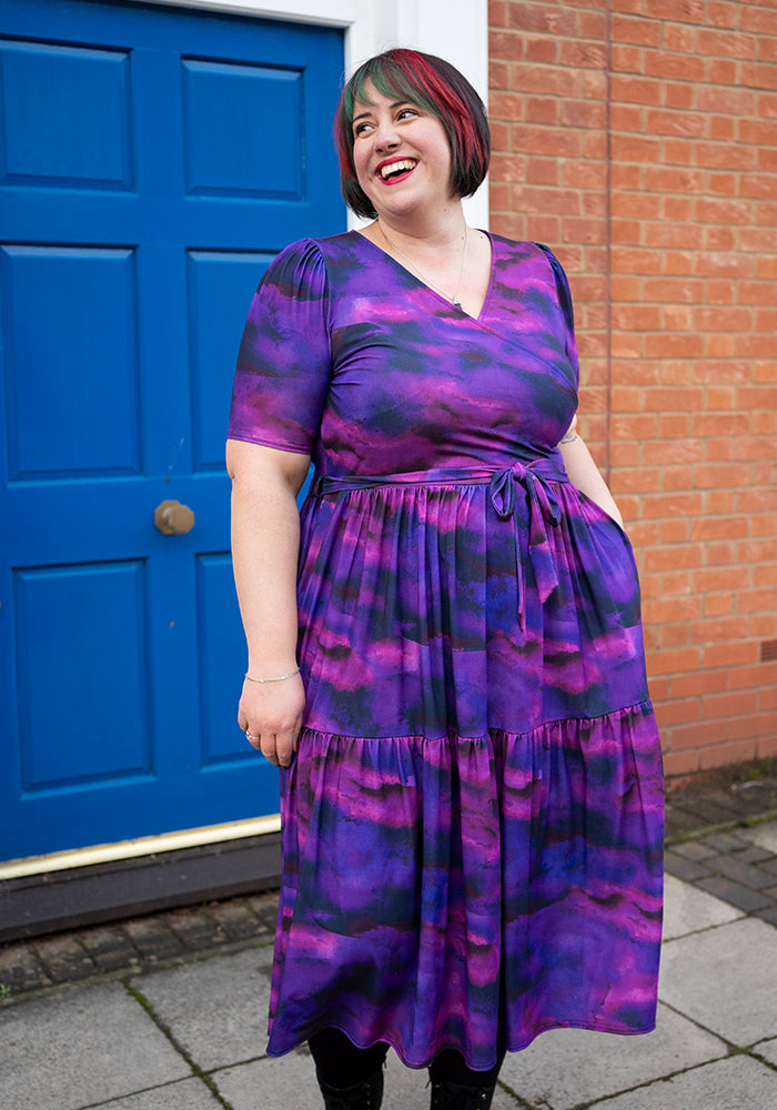 Third angle of Portia Purple Ombre Print Midi Dress, our jersey is a smooth, stretchy fabric known for its comfort and ease.