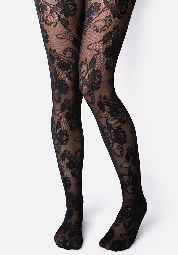 Front view of Premium Black Lace Design Tights