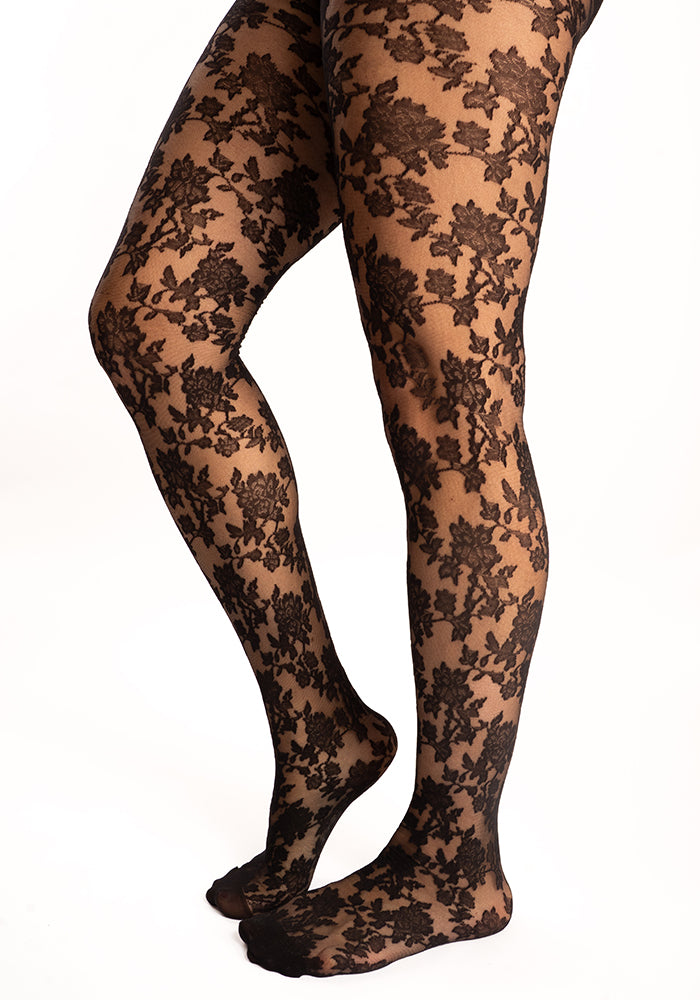 Front view of Premium Bouquet Lace Tights (Black)