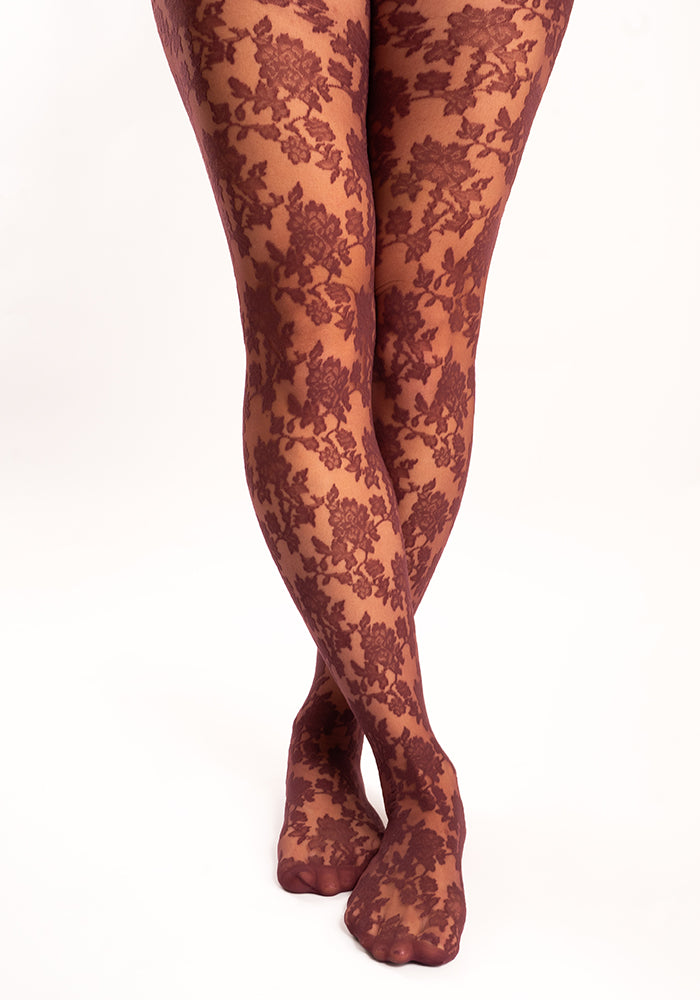 Third angle of Premium Bouquet Lace Tights (Bordeaux)