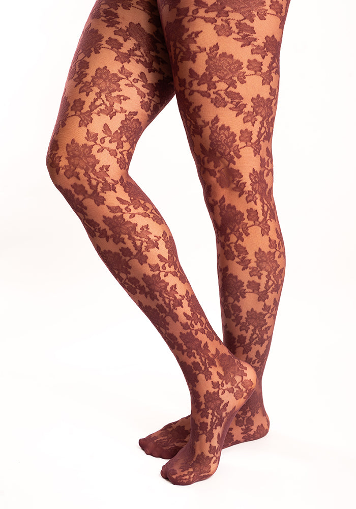Front view of Premium Bouquet Lace Tights (Bordeaux)