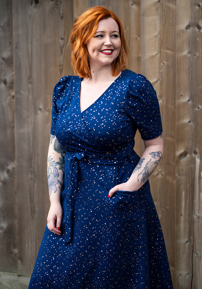 Prudy Navy Gold Pebble Dot Foil Print Cotton Midi Dress