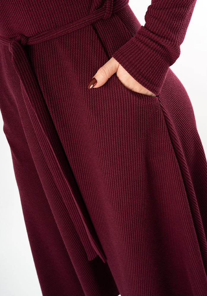 Fifth angle of Prue Wine Crinkle Rib Midi Dress