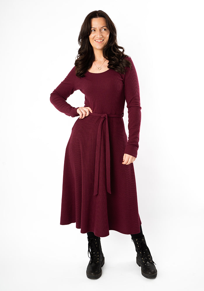 Front view of Prue Wine Crinkle Rib Midi Dress