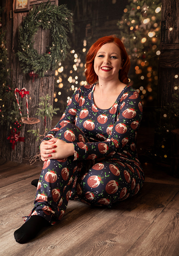 Celia Navy Christmas Puddings Print Pyjama Set