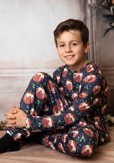Children's Navy Christmas Puddling Print Pyjama Set (Celia)