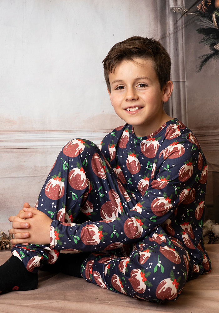 Children's Navy Christmas Puddling Print Pyjama Set (Celia)