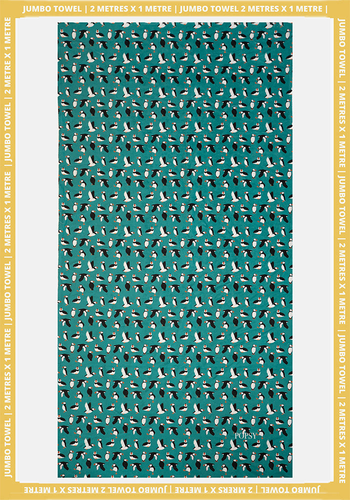 Front view of Puffin Print Jumbo Bath Sheet, bath sheet with a fun and colourful puffin print.