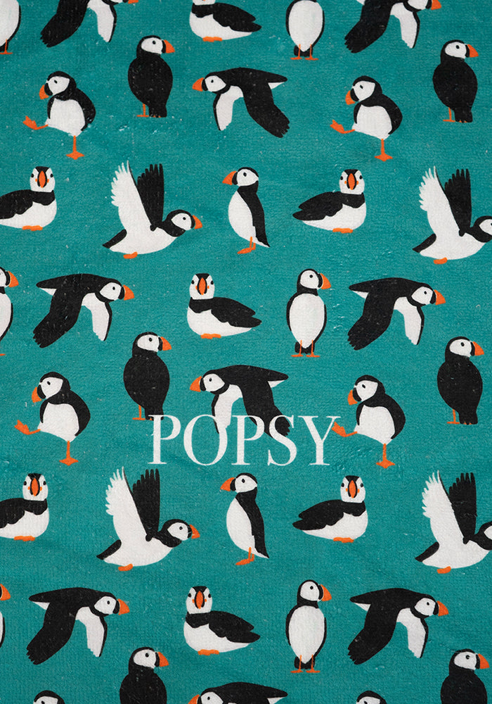 Second angle of Puffin Print Jumbo Bath Sheet, bath sheet with a fun and colourful puffin print.