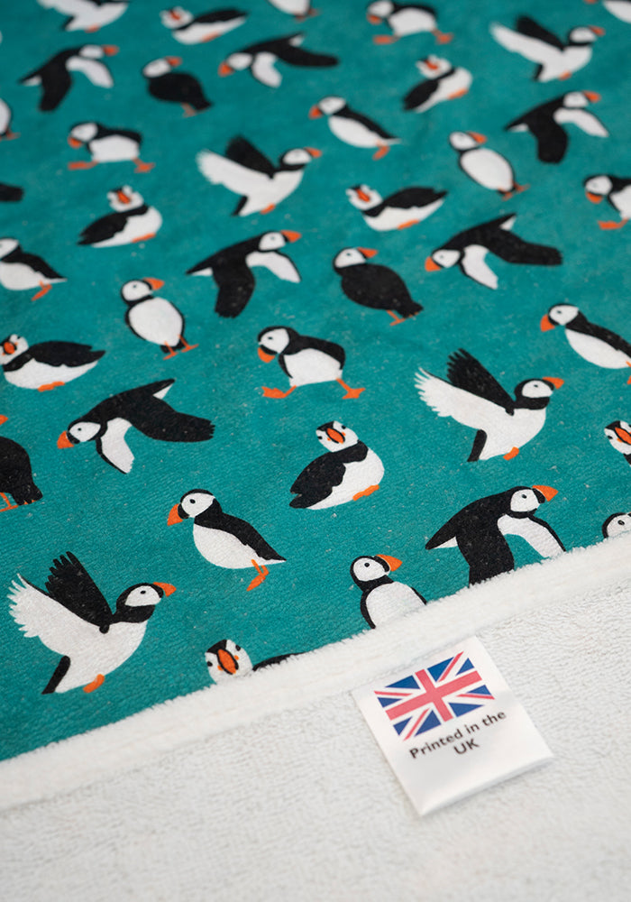 Fourth angle of Puffin Print Jumbo Bath Sheet, bath sheet with a fun and colourful puffin print.