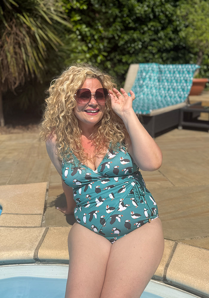 Sixth angle of Puffin Print Side Ruched Swimsuit