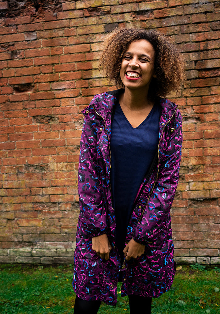 Front view of Purple Animal Print Popsy Coat