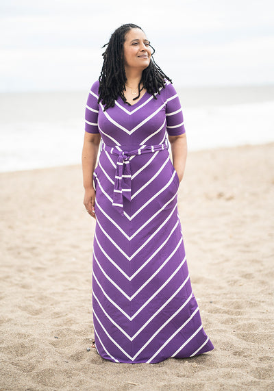 Cartier Purple & Ecru Chevron Viscose Maxi Dress