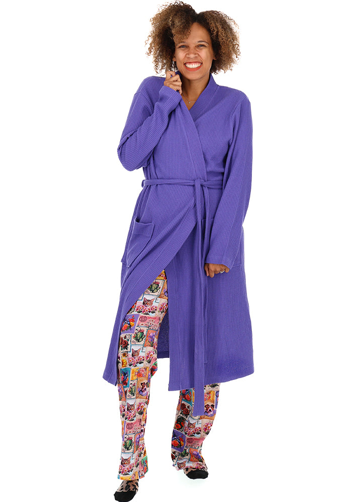 Front view of Purple Cotton Waffle Dressing Gown