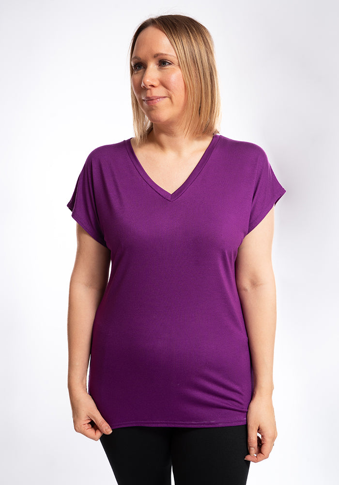 Front view of Purple Extended Shoulder V-Neck Top, this viscose elastane blend is soft, breathable, and beautifully drapey.