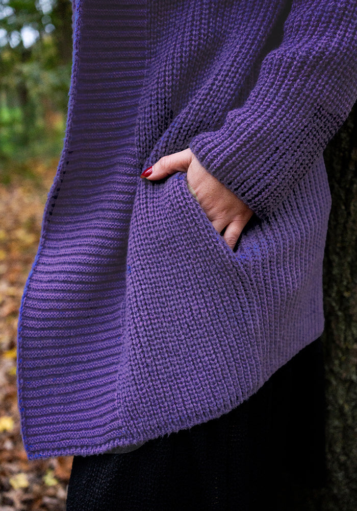 Purple Long Line Ribbed Knitted Cardigan