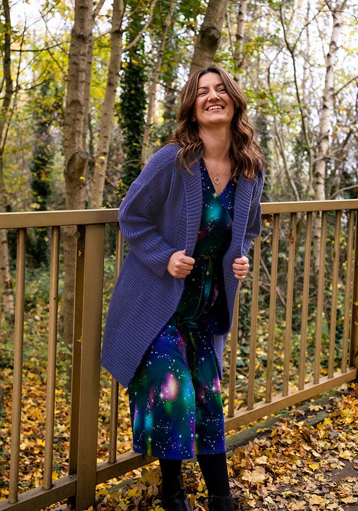 Purple Long Line Ribbed Knitted Cardigan