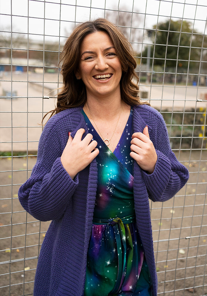 Purple Long Line Ribbed Knitted Cardigan