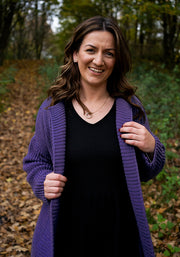 Purple Long Line Ribbed Knitted Cardigan