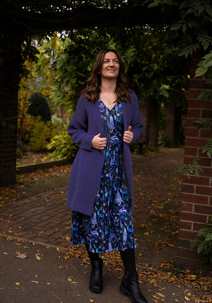 Purple Long Line Ribbed Knitted Cardigan