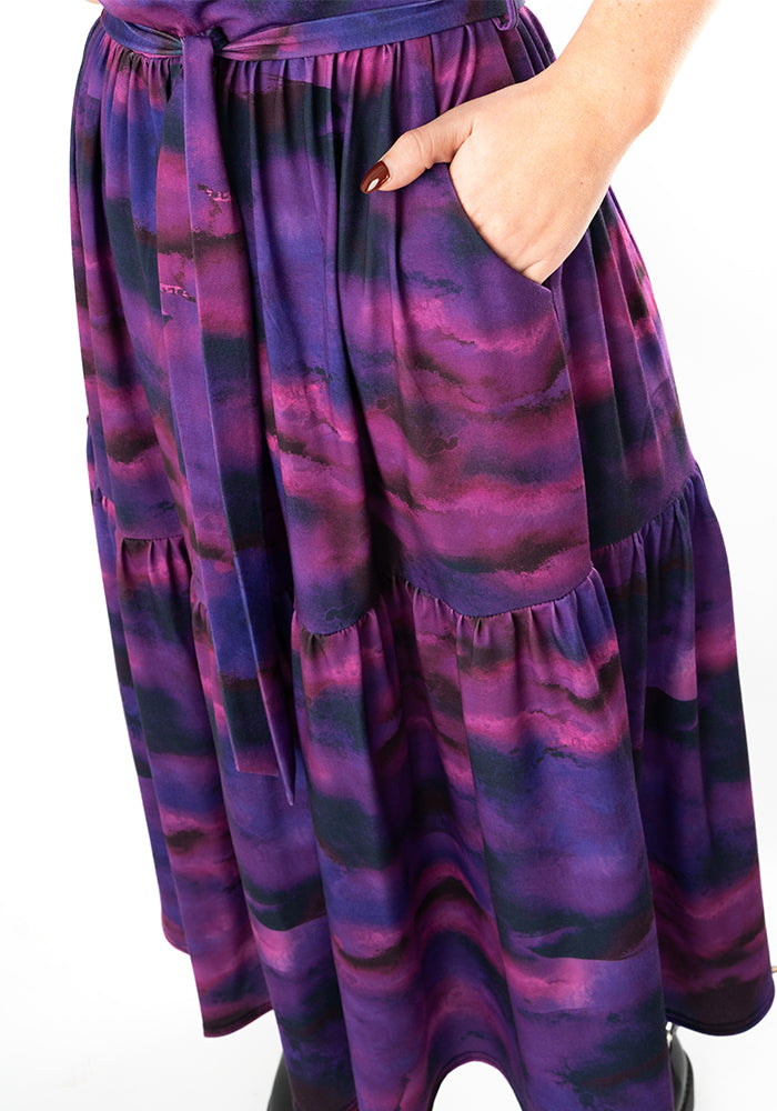 Sixth angle of Portia Purple Ombre Print Midi Dress, our jersey is a smooth, stretchy fabric known for its comfort and ease.