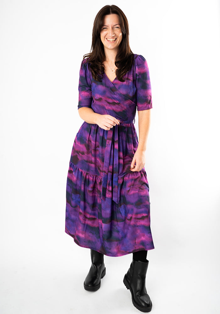 Fourth angle of Portia Purple Ombre Print Midi Dress, our jersey is a smooth, stretchy fabric known for its comfort and ease.