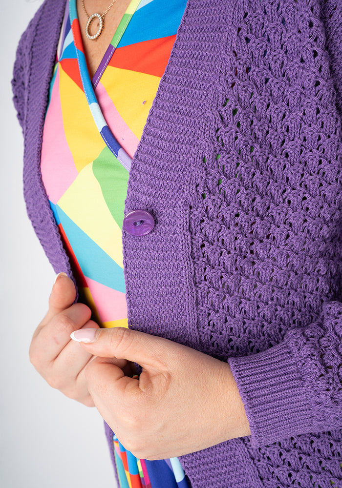 Third angle of Purple Open Knit Cardigan