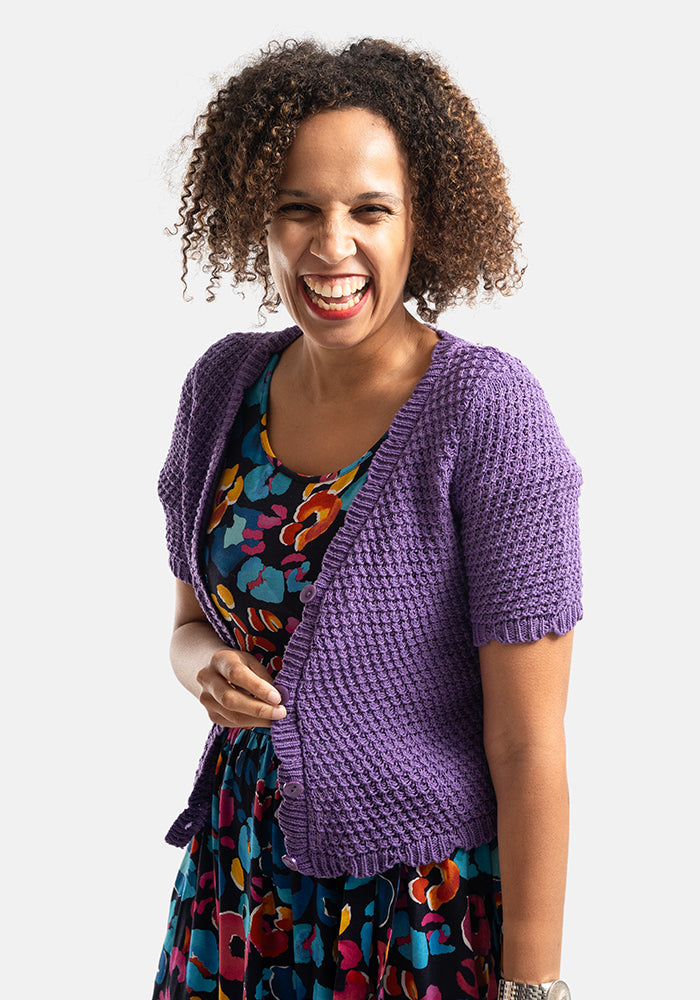 Third angle of Purple Scallop Short Sleeve Cardigan
