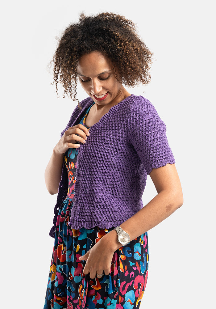 Front view of Purple Scallop Short Sleeve Cardigan