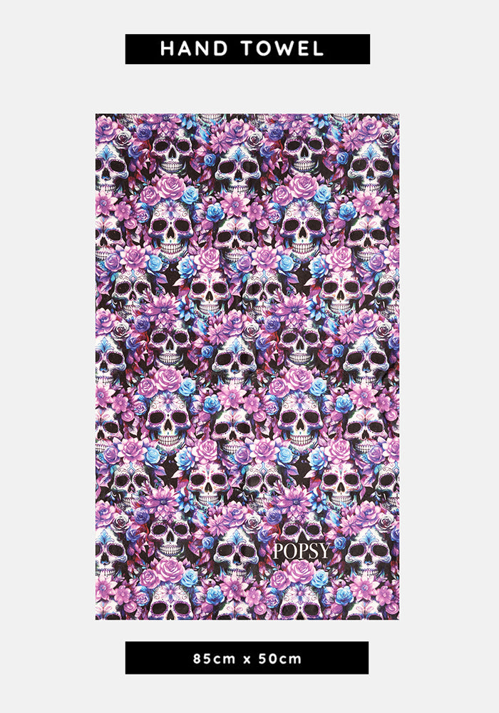 Front view of Purple Floral Skull Print Hand Towel