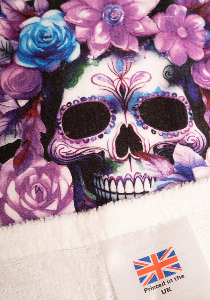 Third angle of Purple Floral Skull Print Hand Towel