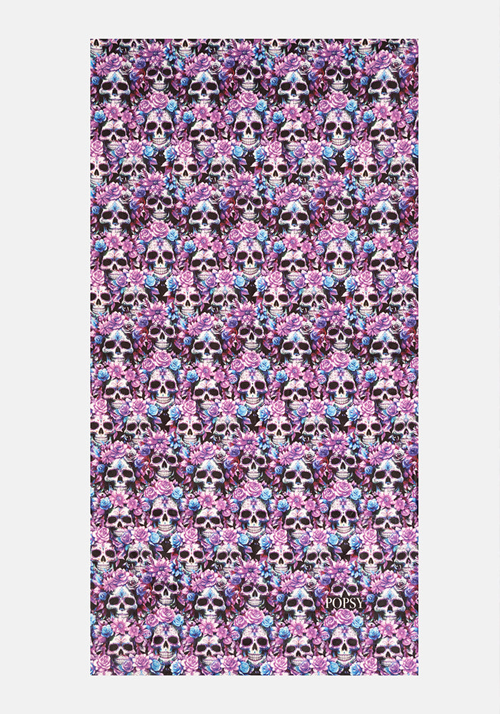 Front view of Purple Floral Skull Print Large Towel