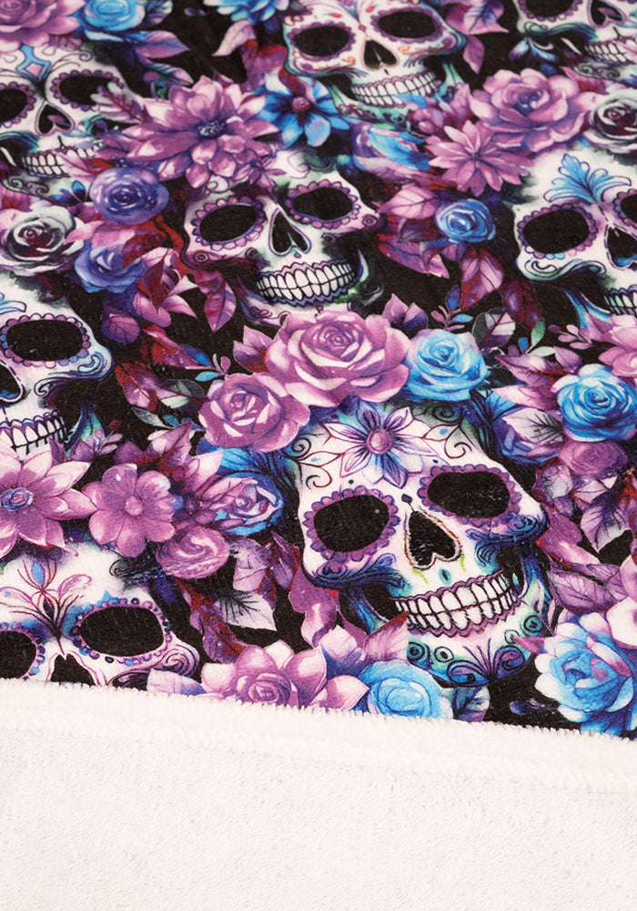 Third angle of Purple Floral Skull Print Large Towel