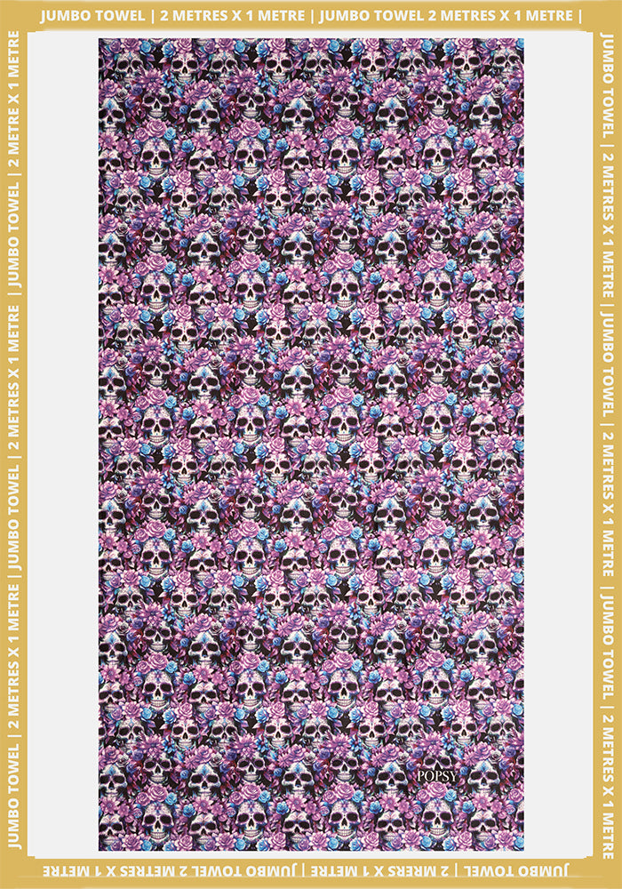 Front view of Purple Floral Skull Print Jumbo Bath Sheet