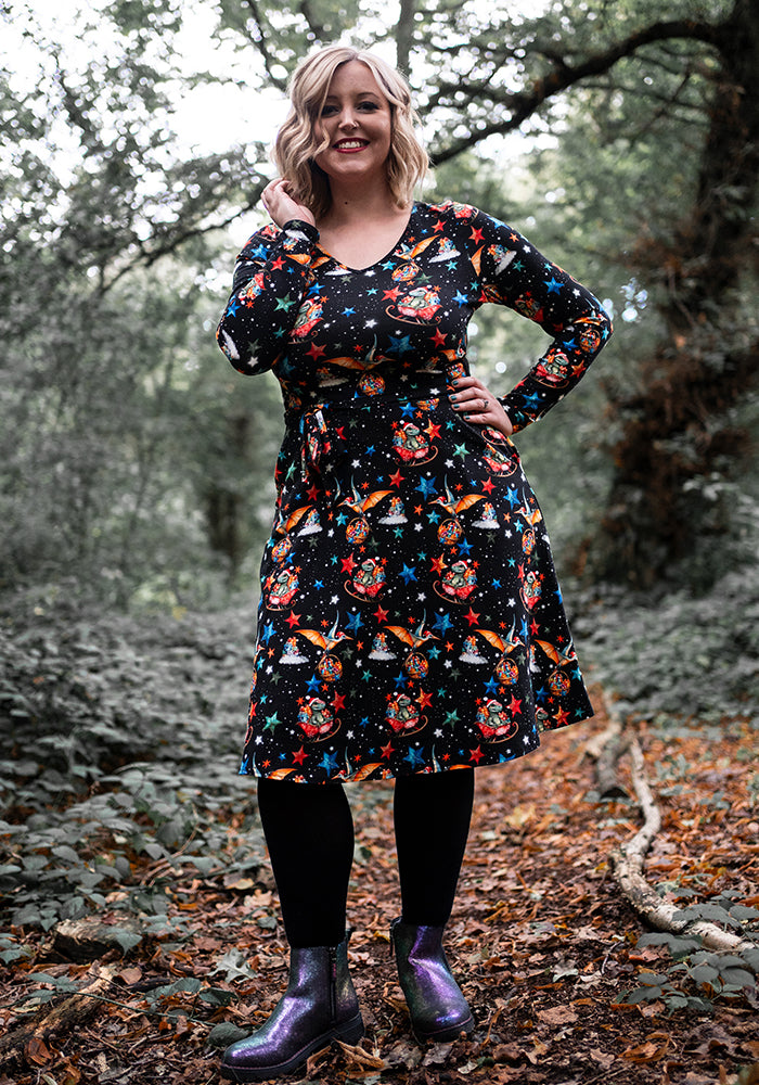 Quill Christmas Sleigh Dinosaur Print Cotton Dress