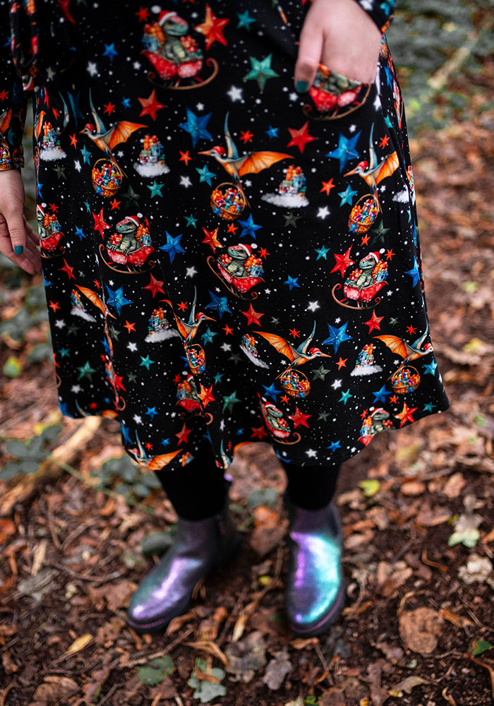 Quill Christmas Sleigh Dinosaur Print Cotton Dress