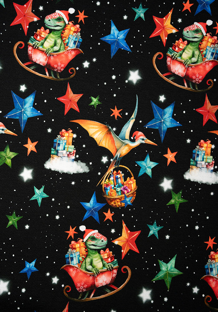 Children's Christmas Sleigh Dinosaur Print Cotton T-Shirt (Quill)