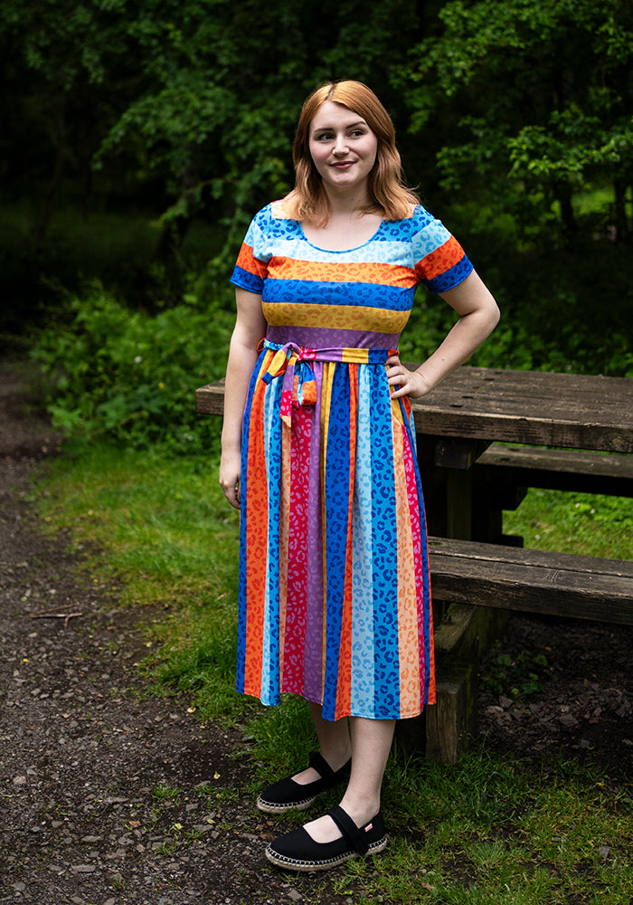 Rhea Rainbow Animal Stripe Print Midi Dress