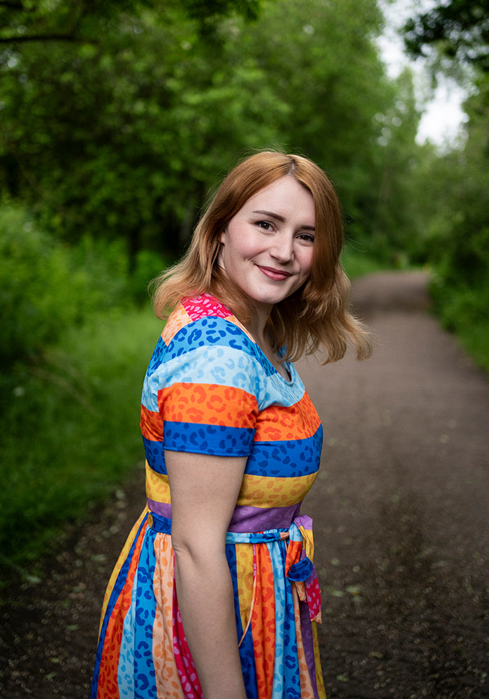 Rhea Rainbow Animal Stripe Print Midi Dress