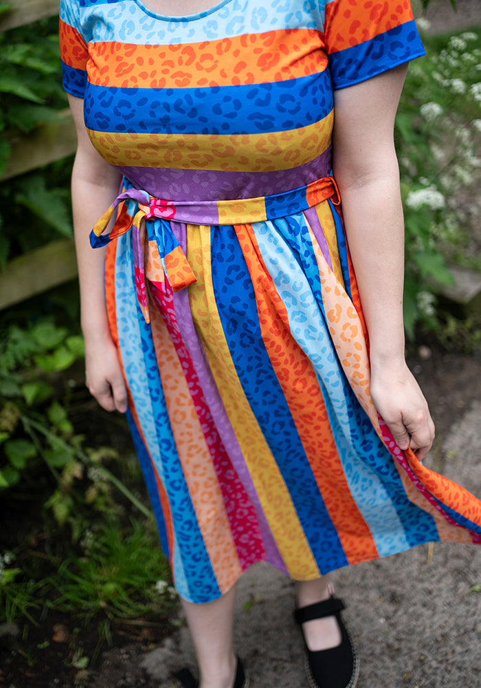 Rhea Rainbow Animal Stripe Print Midi Dress