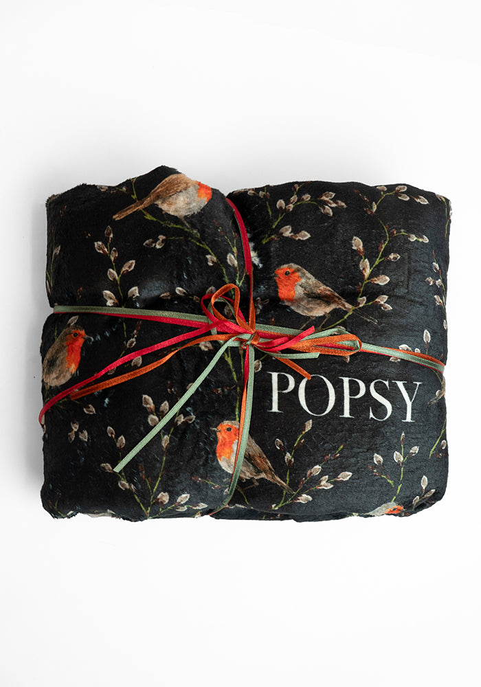 Black Robin Print Plush Throw Blanket (Pop-Under)