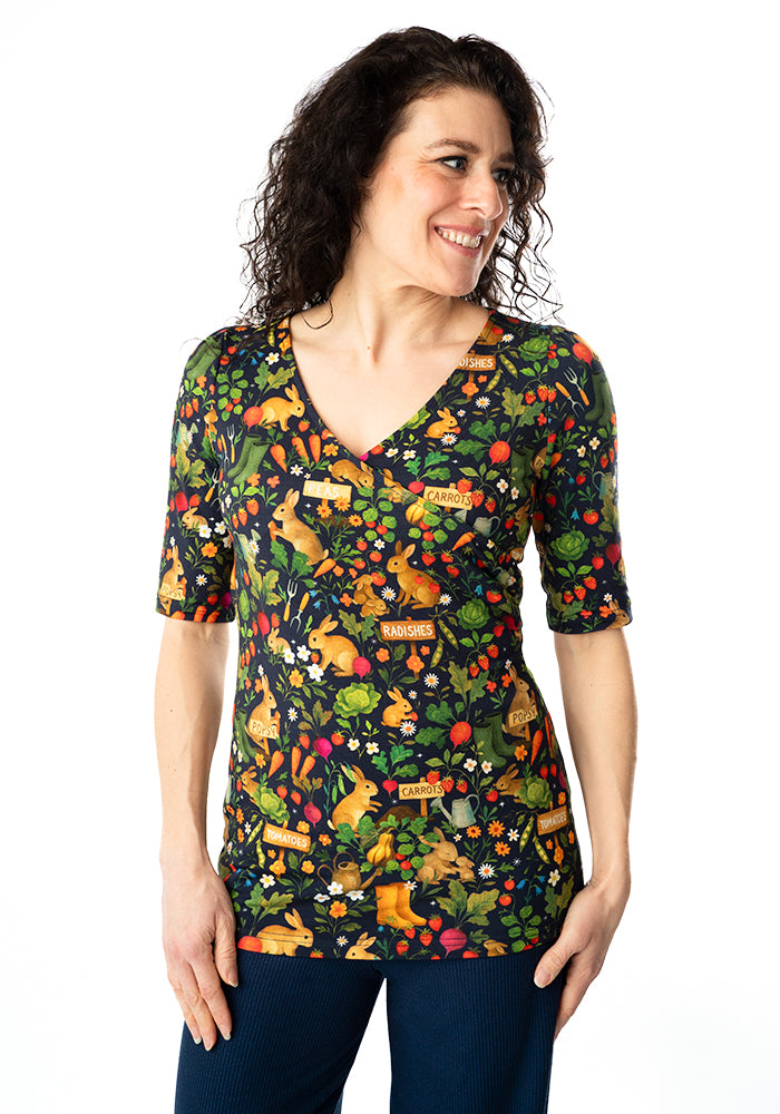 Fifth angle of Rabbit Garden Print Cotton Wrap Neck Top