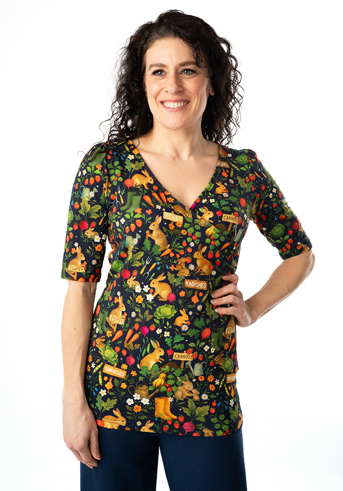 Front view of Rabbit Garden Print Cotton Wrap Neck Top