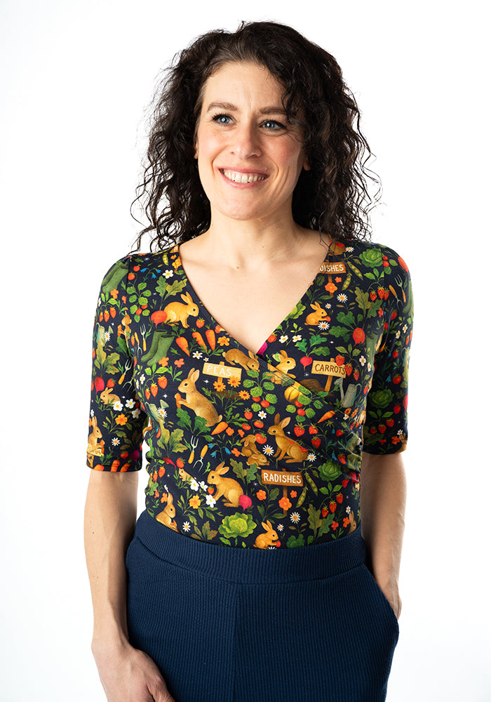 Fourth angle of Rabbit Garden Print Cotton Wrap Neck Top