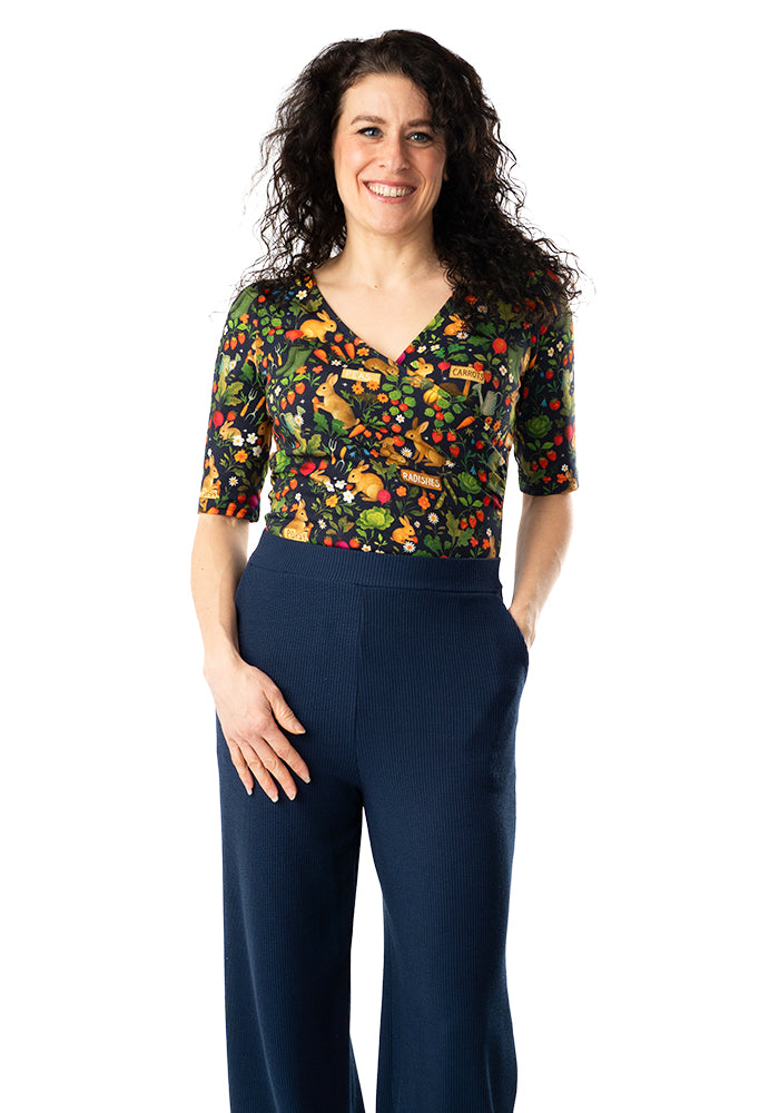 Third angle of Rabbit Garden Print Cotton Wrap Neck Top
