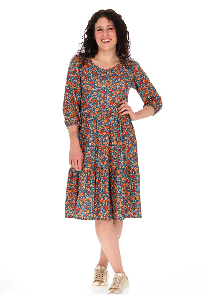 Rae-Rae Ditsy Clusters Print Tiered Hem Dress