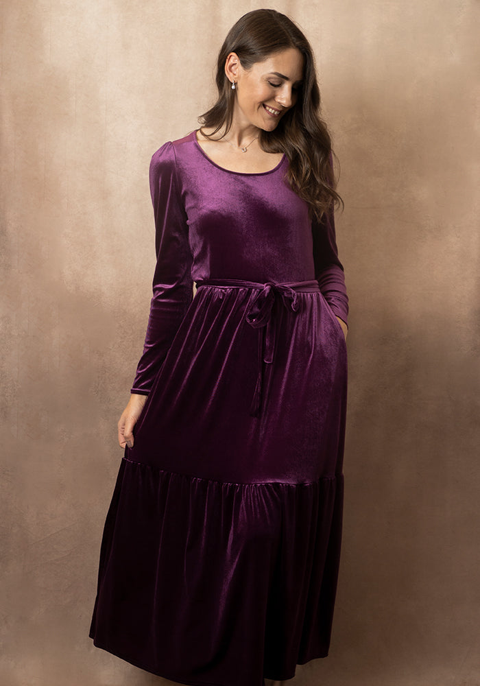 Front view of Raeve Plum Tier Hem Midaxi Dress