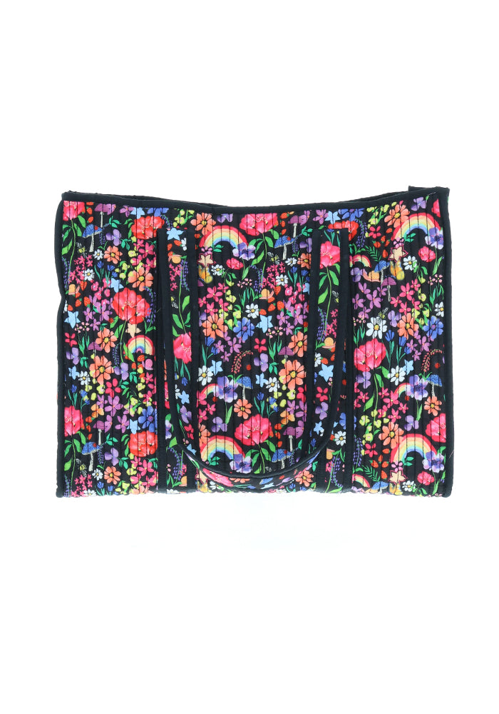 Front view of Rainbow Floral Print Quilted Tote Bag
