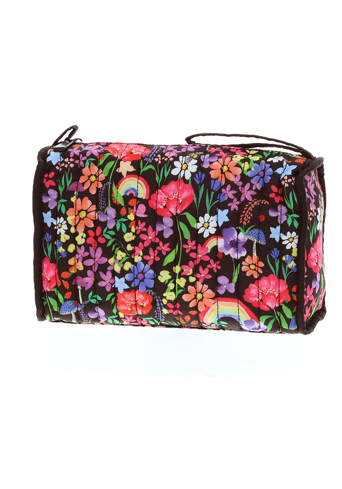 Front view of Rainbow Floral Quilted Make Up Bag